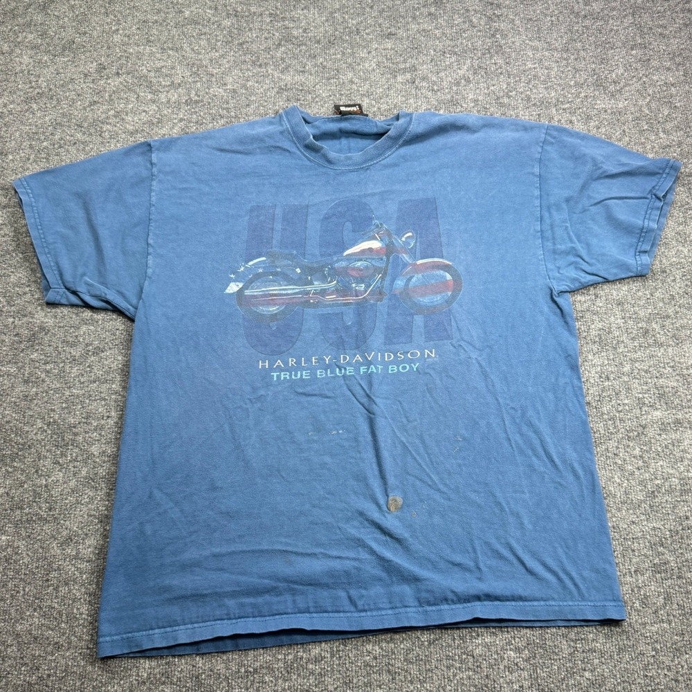 Harley Davidson T Shirt Mens XL Blue True Blue Fat Boy Smithfield NC Biker Tee